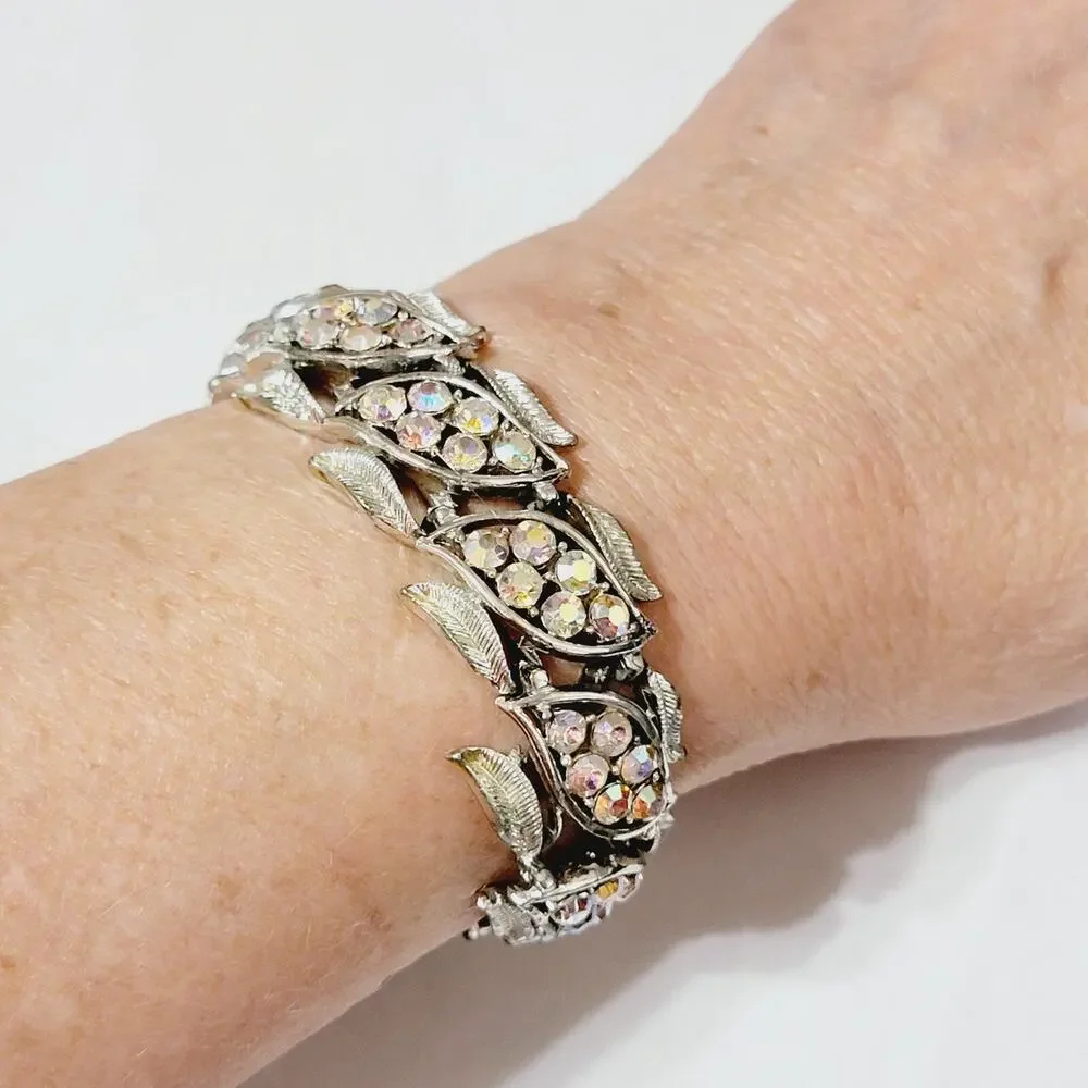 Coro AB Rhinestone Leaf Bracelet Silver Tone Mid Century 7